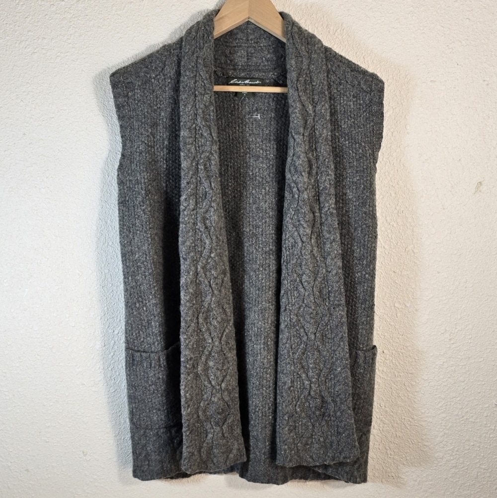 Eddie Bauer Wool Blend Chunky Cable Knit Vest Sz.M Shawl Collar Sweater Cardigan